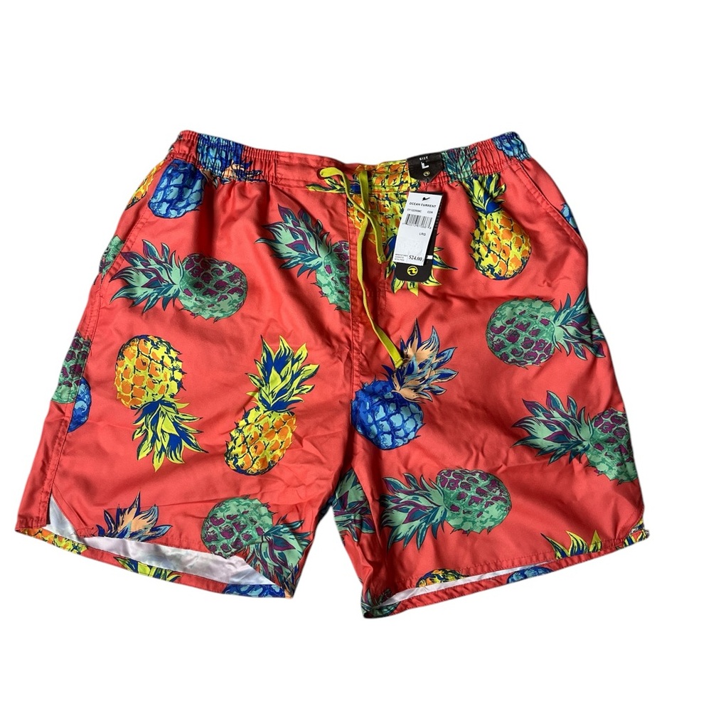NWT Ocean Current Volley Shorts, Orange/Blue Pineapple, Size Large